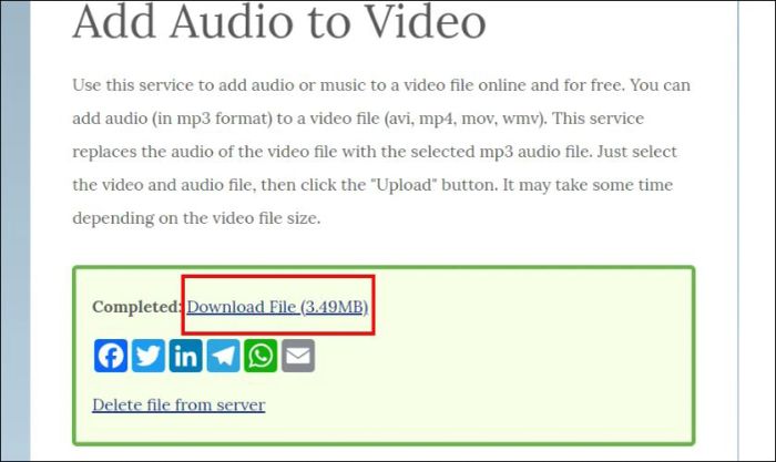 Đợi quá trình ghép âm thanh hoàn thành, sau đó nhấn Download File để tải video về máy.