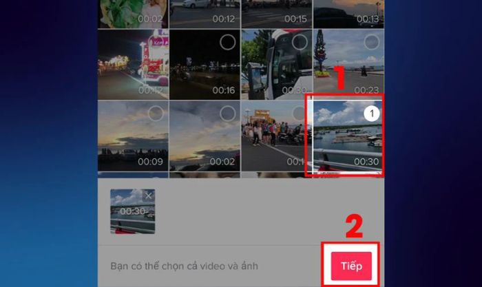 Tiếp theo, bạn chọn video cần chỉnh sửa và nhấn vào nút Tiếp.