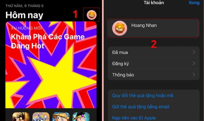 Chọn vào biểu tượng tài khoản và sau đó chọn vào tên ID Apple