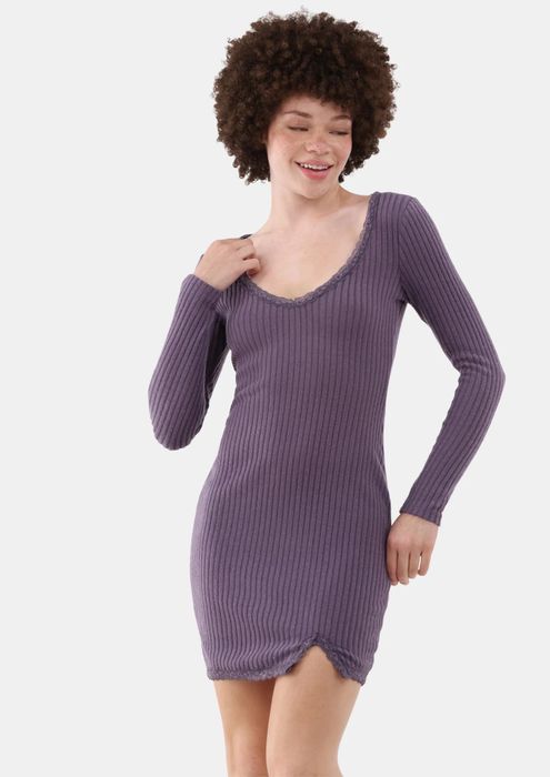 Model wearing the elderberry dress.