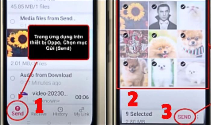 Trên điện thoại Oppo, bạn nhấn vào nút Send trên thanh công cụ và chọn các dữ liệu cần di chuyển