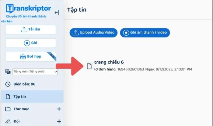 File âm thanh đã được chuyển thành văn bản và hiển thị trên màn hình