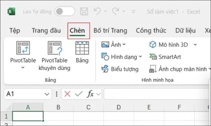 Chọn ô bạn muốn chèn dấu, sau đó trên thanh menu của Excel, nhấn vào Insert (Chèn)