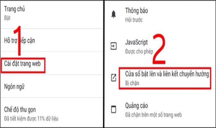 Vô hiệu hóa quảng cáo thông qua cửa sổ Pop-up