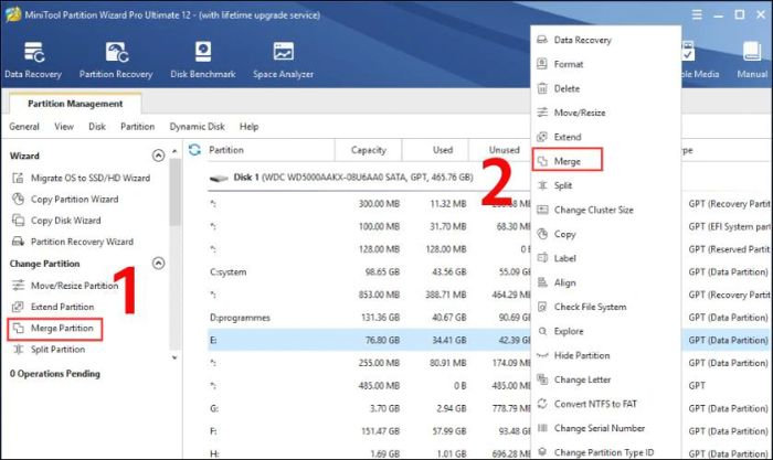 Để mở chức năng gộp ổ cứng, bạn hãy bấm vào Merge Partition trên MiniTool Partition Wizard