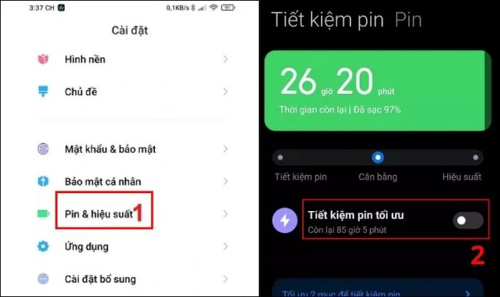 Kiểm tra pin Xiaomi thông qua Cài đặt
