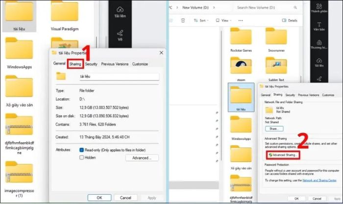 Trong tab Sharing, nhấn vào nút Advanced Sharing…