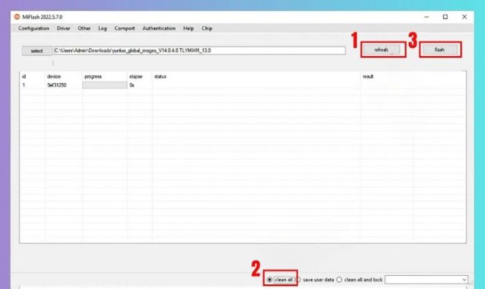 Trên Mi Flash Tool, hãy nhấn chọn Refresh