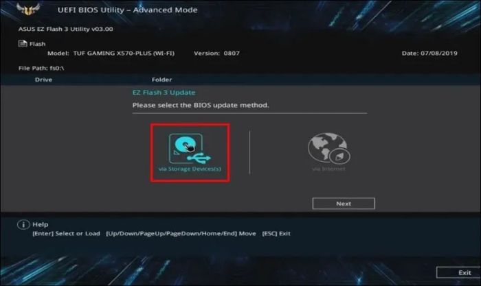 Nếu file cập nhật đã được lưu trên USB, bạn hãy nhấn vào via Storage Device(s)