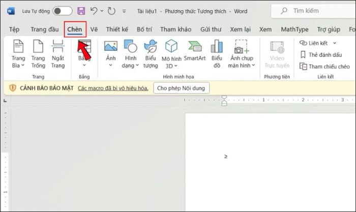 Nhấp vào Insert (Chèn) trên thanh Menu