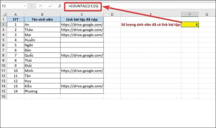 Hàm COUNTA được sử dụng để đếm các ô chứa dữ liệu trong Excel
