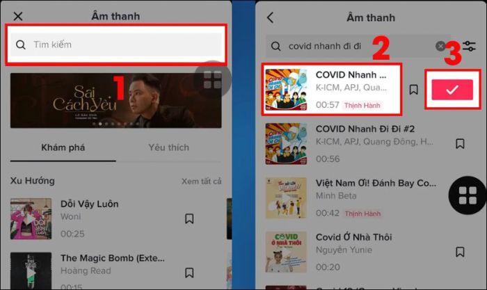 Tìm kiếm và chọn bài hát bạn muốn thêm vào video.