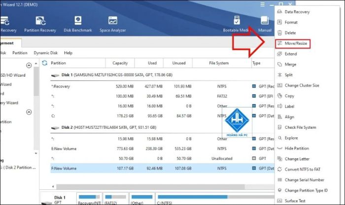 Nhấp chuột phải vào ổ đĩa E và chọn Move/Resize