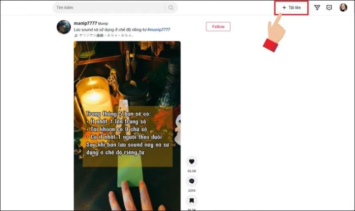 Nhấn vào biểu tượng Tải lên trên giao diện TikTok web