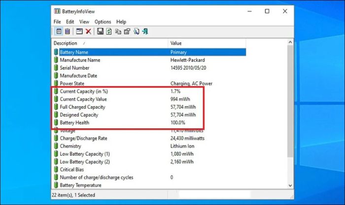 Giao diện chính của phần mềm sẽ hiển thị đầy đủ thông tin chi tiết về pin laptop