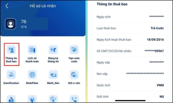 Bạn nhấn chọn mục Thông tin thuê bao