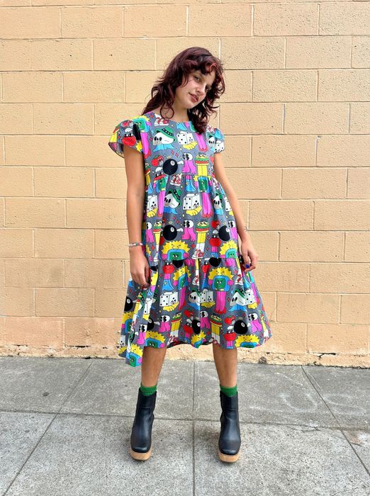 dress with a playful burger cartoon print