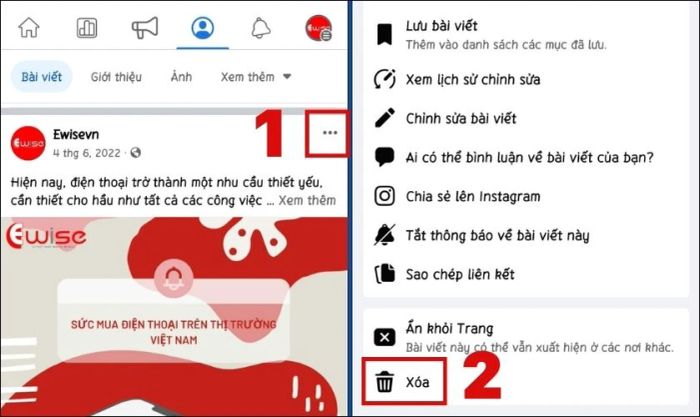 Nhấn vào biểu tượng ba chấm bên phải bài đăng và chọn Xóa