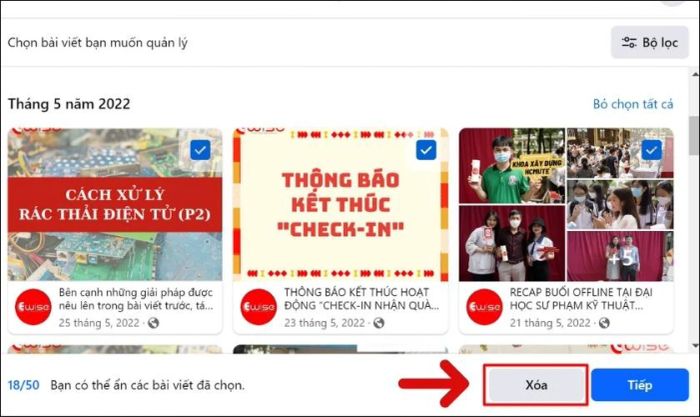 Nhấn nút Xóa để xóa toàn bộ bài đăng trên Fanpage nhanh nhất