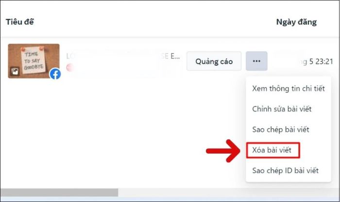 Nhấn vào tùy chọn Xóa bài đăng