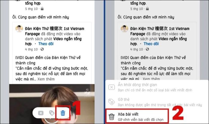 Nhấn vào biểu tượng Thùng rác và chọn Xóa bài đăng