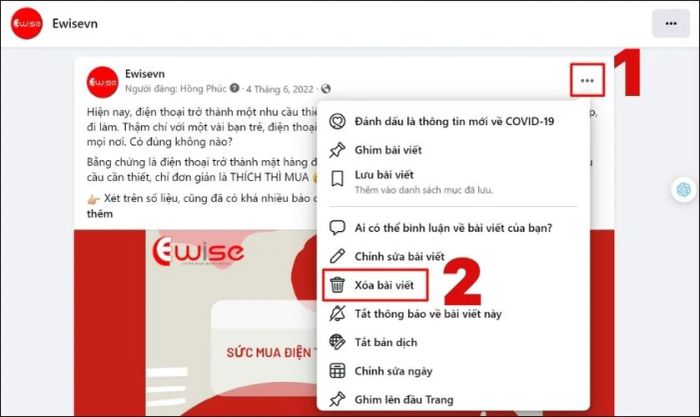 Di chuyển đến bài đăng cần xóa và chọn Xóa bài đăng