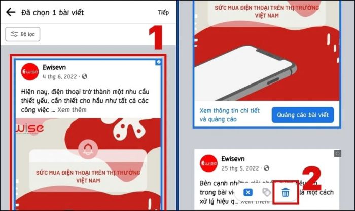 Nhấn chọn bài đăng cần xóa và chọn biểu tượng Thùng rác