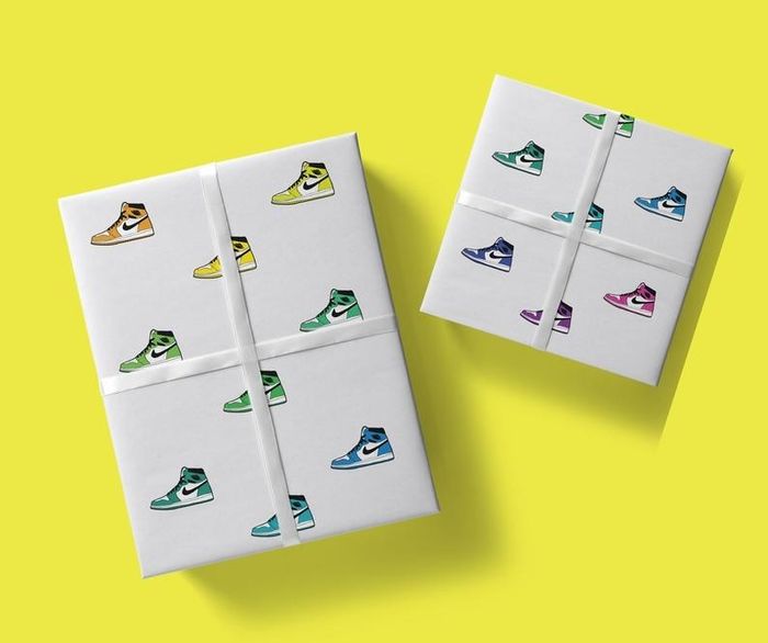 White wrapping paper featuring Air Jordans in various colors