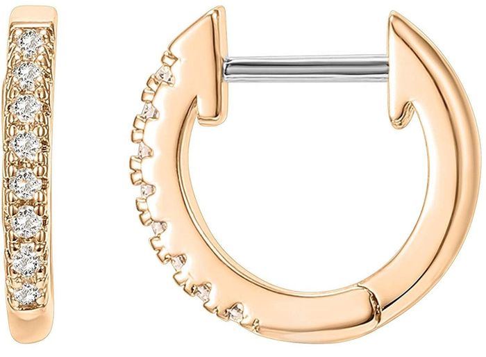 Product image displaying the front and side views of the huggie earrings