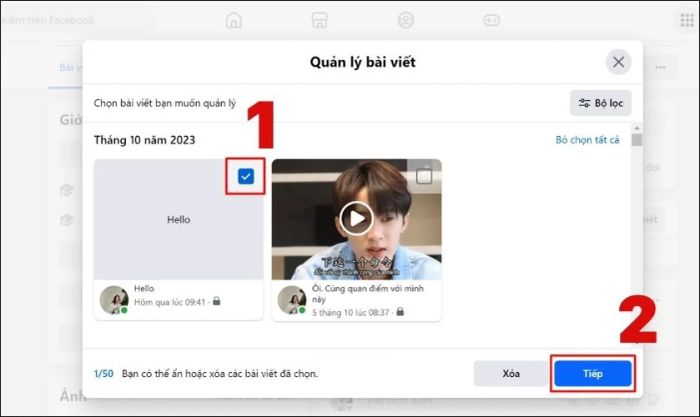 Chọn bài đăng cần xóa và nhấn vào Tiếp theo
