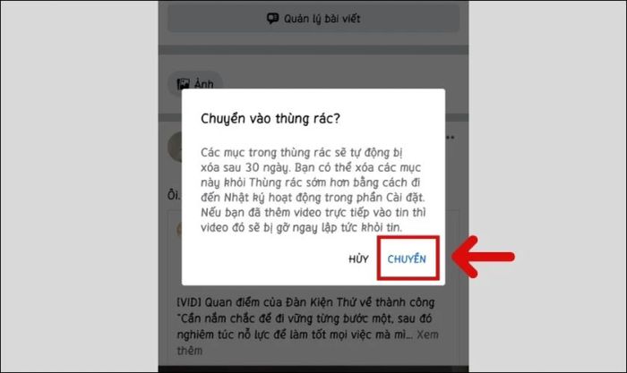 Nhấn vào Chuyển để xác nhận việc xóa bài đăng