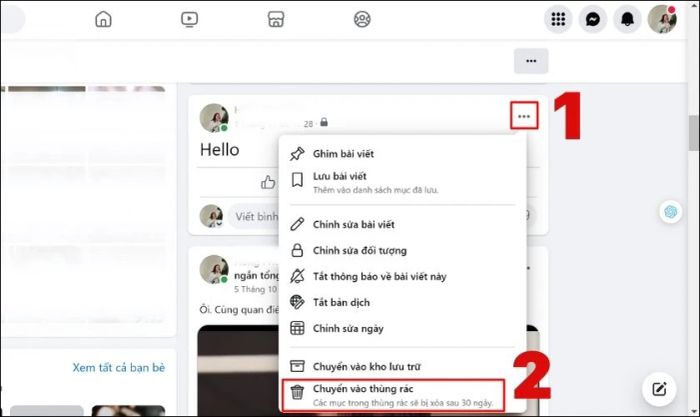 Di chuyển đến bài đăng cần xóa và chọn Chuyển vào thùng rác