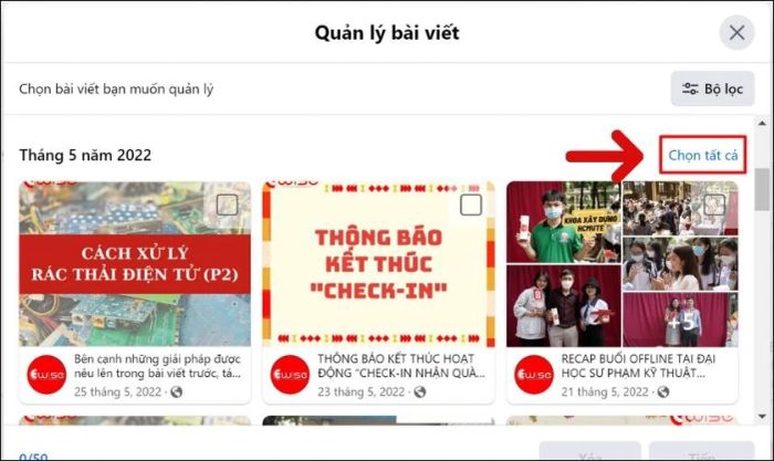 Tìm khoảng thời gian cần xóa và nhấn vào Chọn tất cả