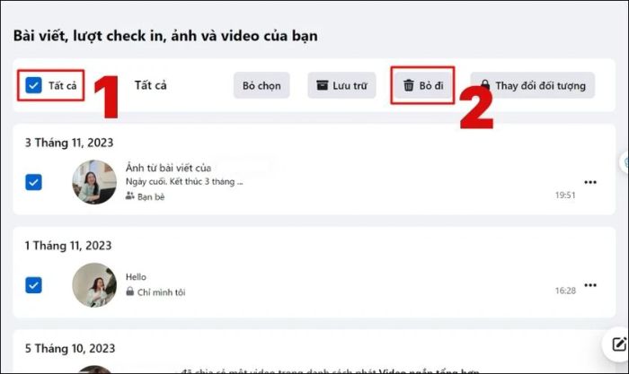 Nhấn vào ô vuông Tất cả và chọn Bỏ đi
