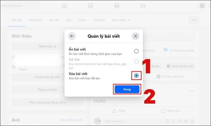 Nhấn vào nút tròn tại mục Xóa bài đăng và chọn Xong