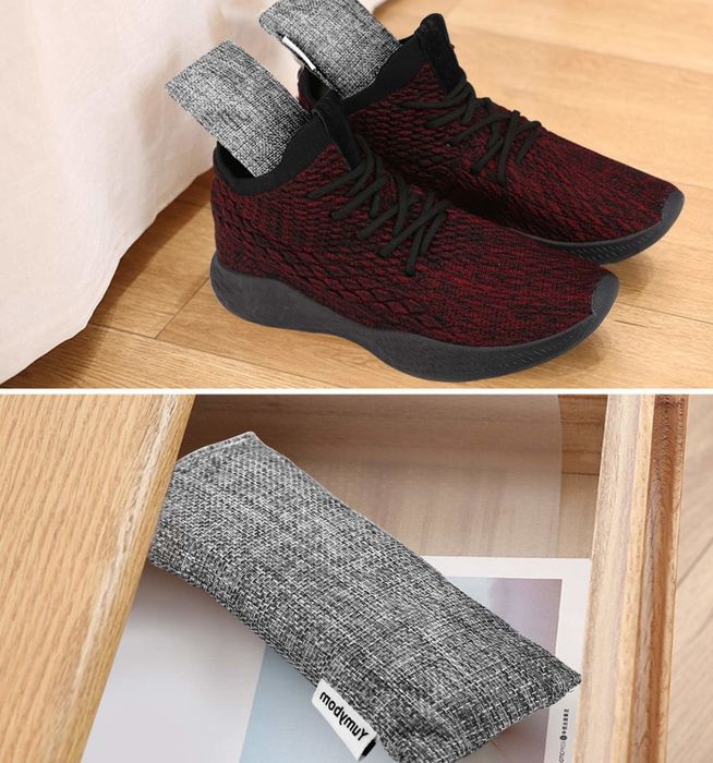 The charcoal bags placed inside a pair of shoes