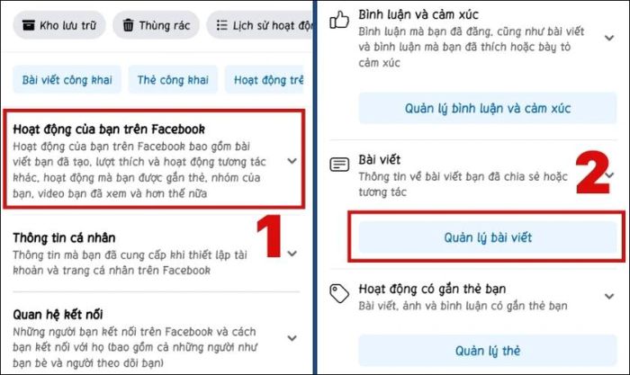 Chọn mục Hoạt động của bạn và nhấn vào Quản lý bài đăng