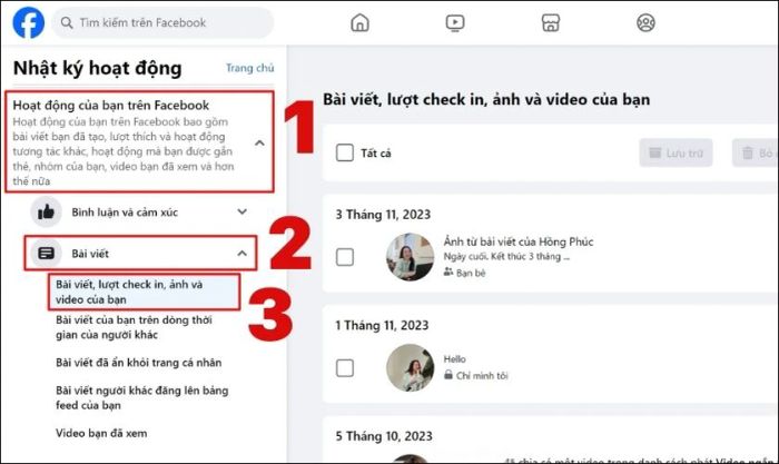 Nhấn vào Bài đăng, lượt check-in, ảnh và video của bạn