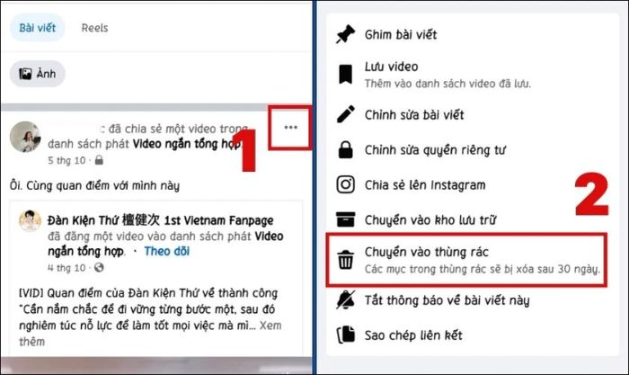 Chọn bài đăng cần xóa và nhấn vào tùy chọn Chuyển vào thùng rác