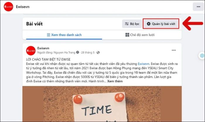 Nhấn vào nút Quản lý bài đăng để mở danh sách các bài đăng