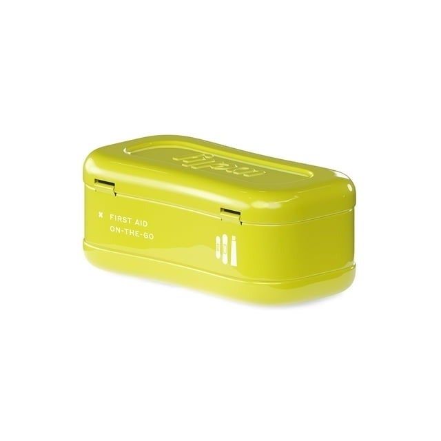 A compact yellow first-aid kit designed for easy portability.
