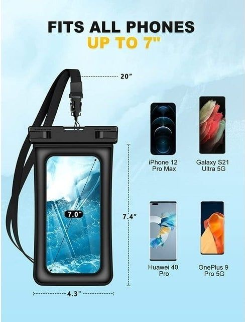An advertisement for a waterproof phone pouch, compatible with phones up to 7 inches in size.