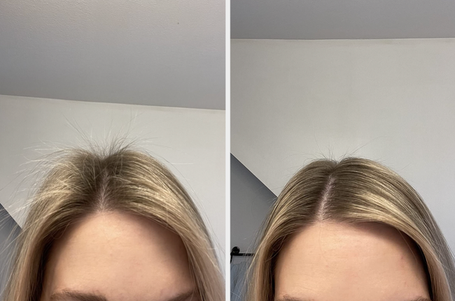 Close-up of reviewer’s hair with flyaways sticking out / same reviewer after using the finishing stick with smooth, sleek hair