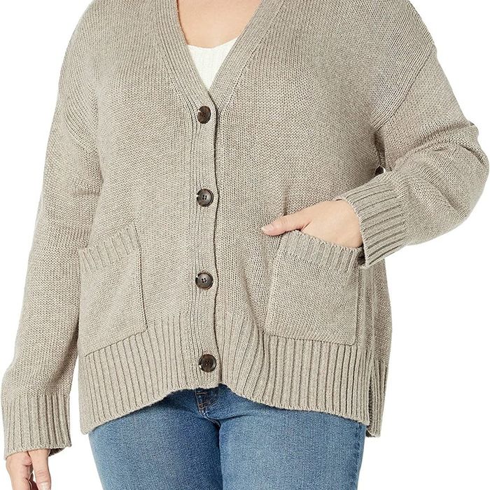A model wearing the gray cardigan