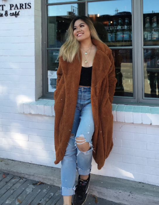 reviewer styling the chestnut fuzzy cardigan coat with jeans