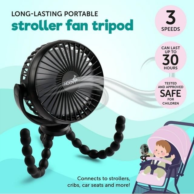 A portable fan with flexible tripod legs, designed for strollers and car seats, featuring three speed settings and a 30-hour battery life.