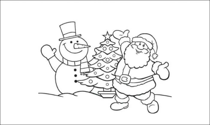 Mẫu vẽ cây thông Noel kết hợp với ông già Noel và người tuyết