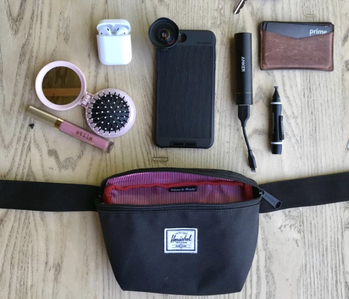 A reviewer photo of the black hip pack