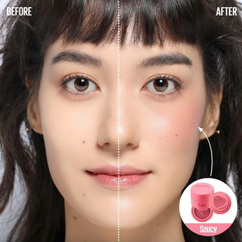 before and after photo of a model wearing Kaja blush