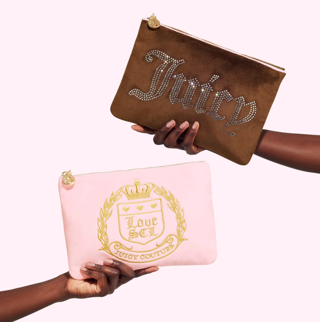 two models showcasing pink and brown embellished flat pouches